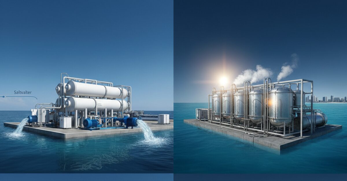 تصميم هندسي يوضح الفرق بين طرق تحلية مياه البحر بالضغط العالي (الأنابيب الأفقية) وطريقة التقطير الشمسي باستخدام قبة زجاجية مجمعة للحرارة