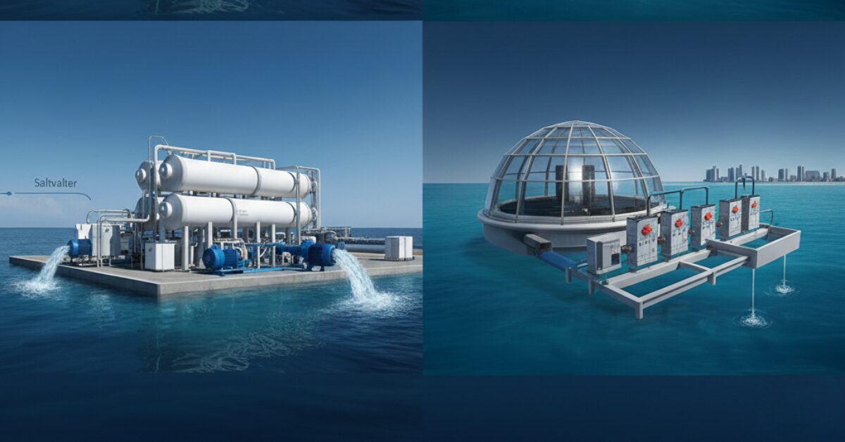 رسم توضيحي يقارن بين طرق تحلية مياه البحر الغشائية (التناضح العكسي) وطرق التحلية الحرارية التي تعتمد على تسخين المياه وتبخيرها داخل صهاريج ضخمة