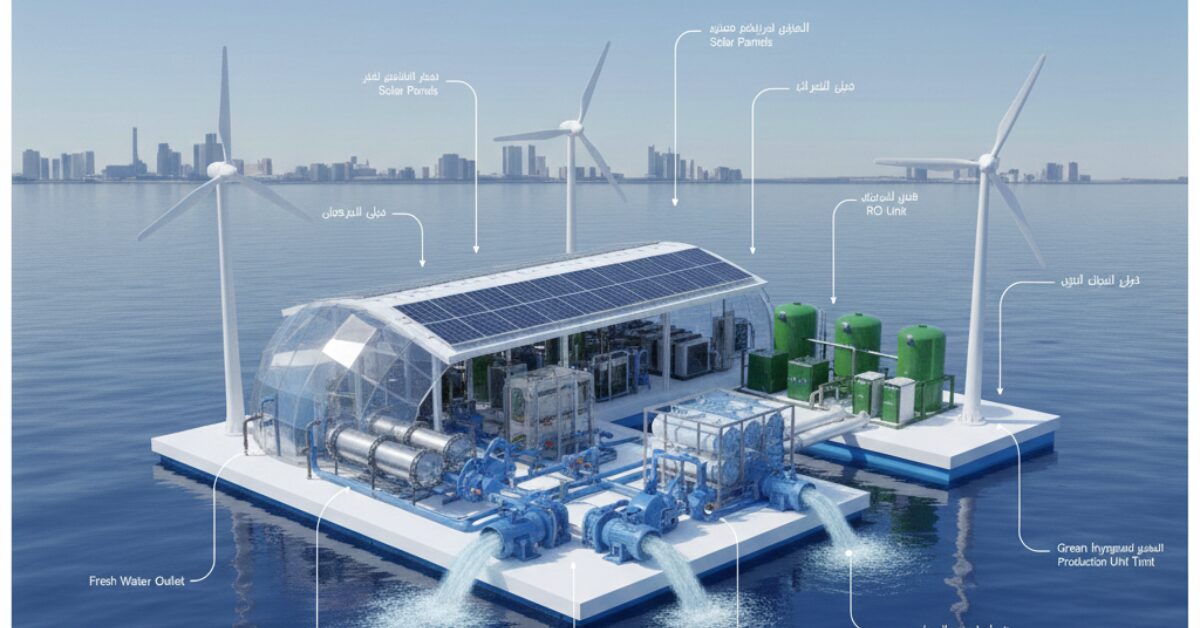 محطة متكاملة ومستدامة تمثل أحدث طرق تحلية مياه البحر، تجمع بين طاقة الرياح، الألواح الشمسية، ووحدات التناضح العكسي (RO Unit) لإنتاج مياه عذبة وهيدروجين أخضر