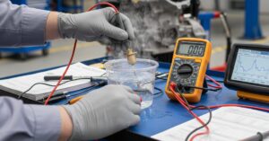 فني يقيس مقاومة المستشعر بجهاز الملتيميتر أثناء وضعه في ماء ساخن لتوضيح طريقة فحص حساس الحرارة الكهربائية.