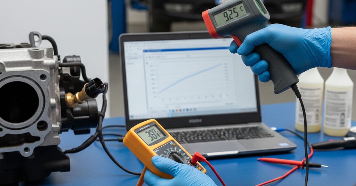 مقارنة قراءة ميزان الحرارة الليزري مع البيانات البرمجية على الكمبيوتر كجزء من طريقة فحص حساس الحرارة للتأكد من مطابقة القراءات.