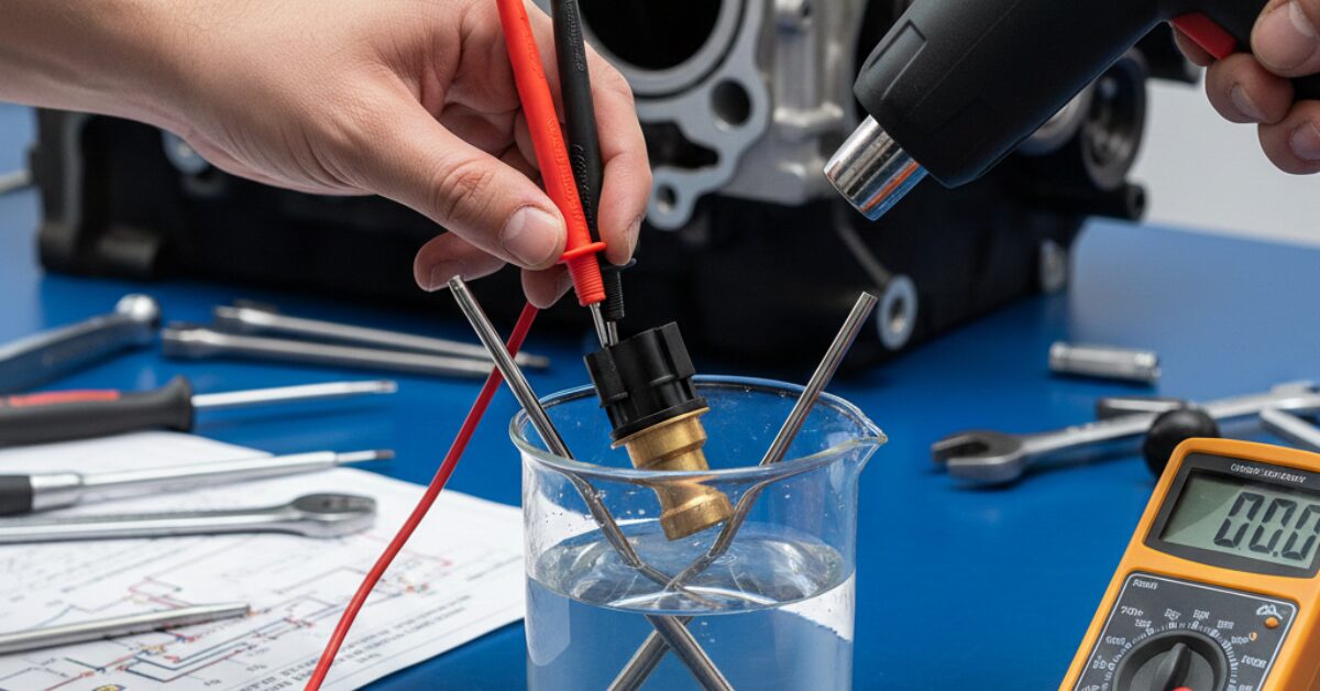 اختبار استجابة المستشعر باستخدام مسدس هواء ساخن وملتيميتر، وهي طريقة فحص حساس الحرارة العملية للتحقق من تغير المقاومة مع ارتفاع الحرارة.