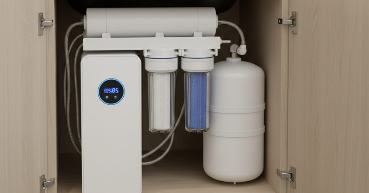 جهاز تحلية من فئة فلاتر المياه المنزلية يعمل بنظام التناضح العكسي (RO)، يظهر مع خزان تخزين المياه ووحدة تحكم إلكترونية لضمان مياه شرب نقية وصحية