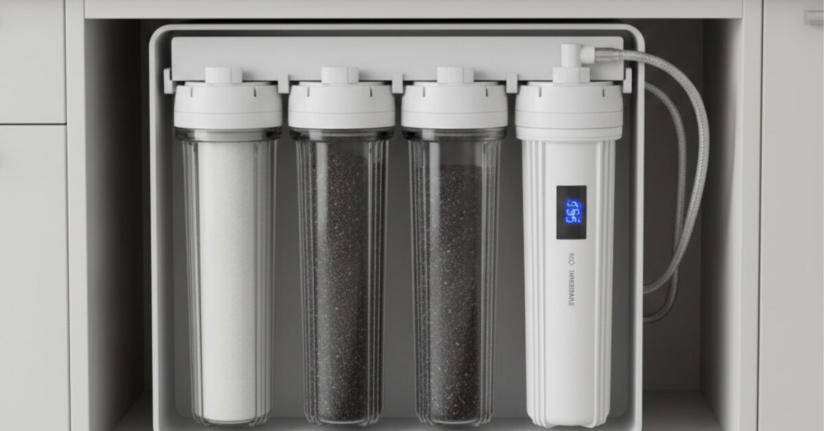 نظام متكامل من فلاتر المياه المنزلية يتكون من 4 مراحل لتنقية الشوائب والكلور، يتميز بتصميم عصري مدمج يوفر مساحة تخزين أسفل المجلى مع مؤشر ضوئي