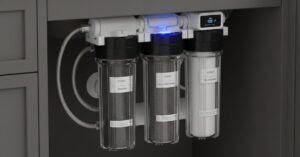 أحد أنواع فلاتر المياه المنزلية المتطورة التي تأتي بـ 3 مراحل تنقية، تظهر فيها المرشحات بوضوح مع شاشة رقمية ذكية لمراقبة جودة المياه، مثبتة أسفل حوض المطبخ
