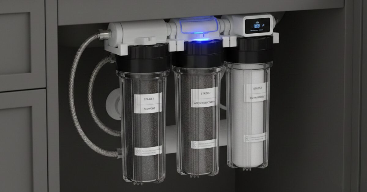 أحد أنواع فلاتر المياه المنزلية المتطورة التي تأتي بـ 3 مراحل تنقية، تظهر فيها المرشحات بوضوح مع شاشة رقمية ذكية لمراقبة جودة المياه، مثبتة أسفل حوض المطبخ