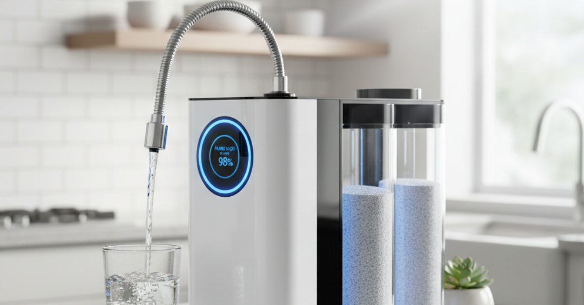 نظام فلتر ماء منزلي 7 مراحل من الستانلس ستيل، يحتوي على أسطوانات شفافة توضح مراحل الفلترة المختلفة مع واجهة تحكم إلكترونية.