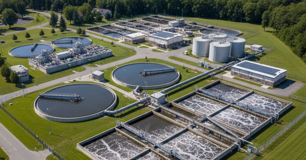 منظر علوي لمحطة معالجة متكاملة محاطة بمساحات خضراء، تبرز فوائد معالجة مياه الصرف الصحي في توفير مياه صالحة للري والحفاظ على النظام البيئي المحيط.