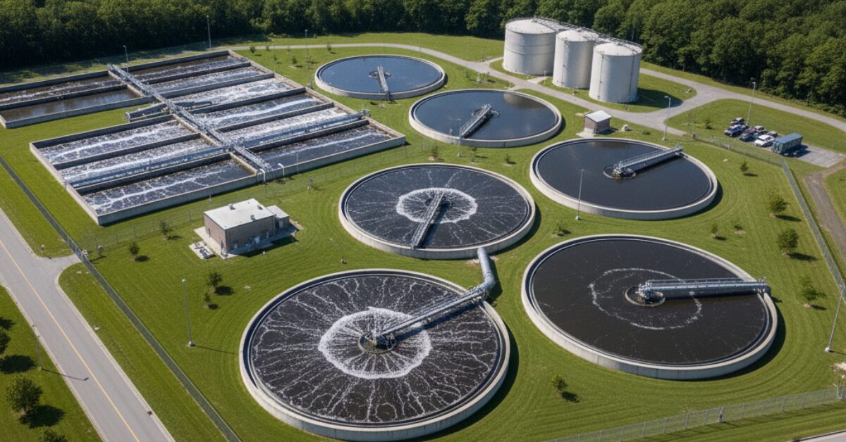 لقطة جوية شاملة لمحطة معالجة حديثة توضح فوائد معالجة مياه الصرف الصحي في تنقية المياه عبر أحواض الترسيب الدائرية والمستطيلة لحماية البيئة.