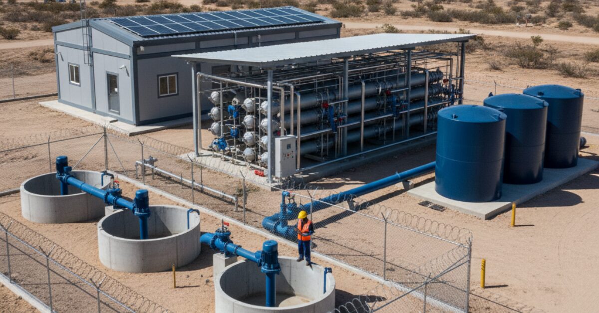 مجمع متكامل لـ محطة تحلية مياه الآبار يضم صهاريج معدنية متعددة وأحواض ترسيب خرسانية ومباني إدارية تعمل بالطاقة الشمسية في بيئة صحراوية.