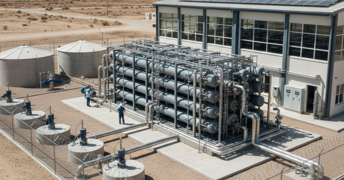 لقطة هندسية توضح مصفوفة الأنابيب الضخمة والمرشحات في محطة تحلية مياه الآبار مع وجود فنيين يتابعون عملية معالجة المياه الجوفية.