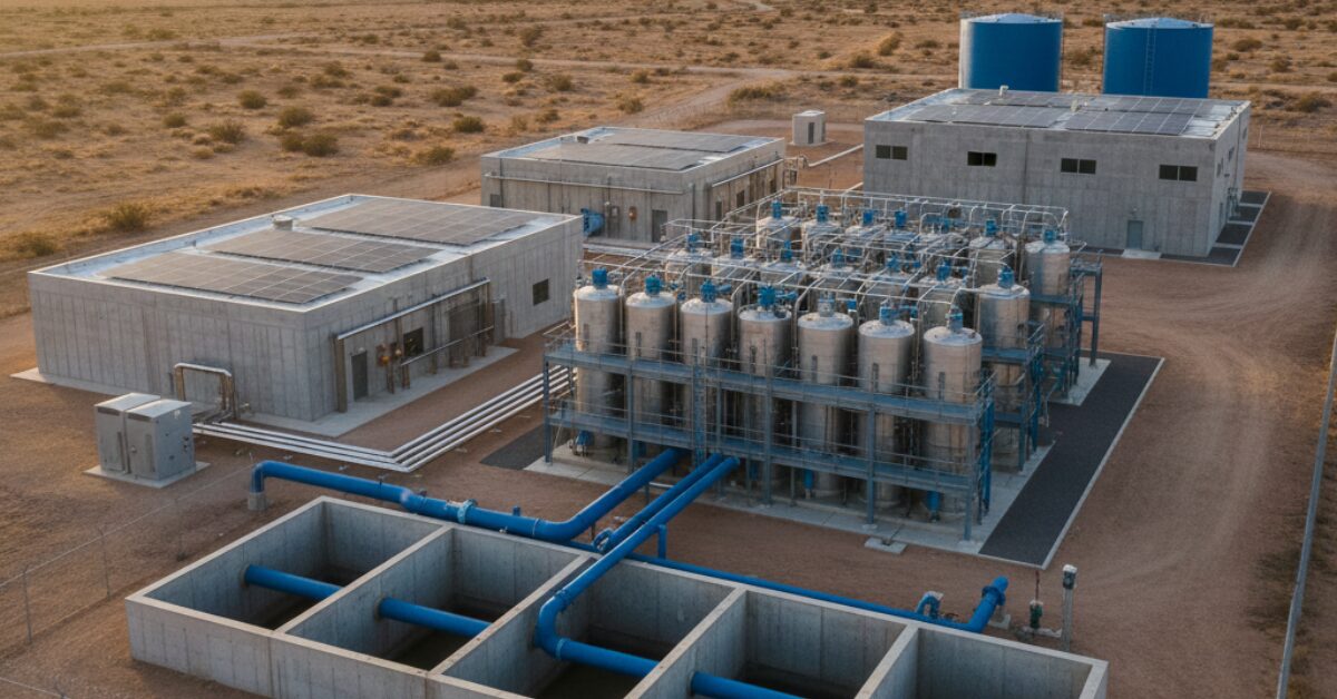 مجمع متكامل لـ محطة تحلية مياه الآبار يضم صهاريج معدنية متعددة وأحواض ترسيب خرسانية ومباني إدارية تعمل بالطاقة الشمسية في بيئة صحراوية.