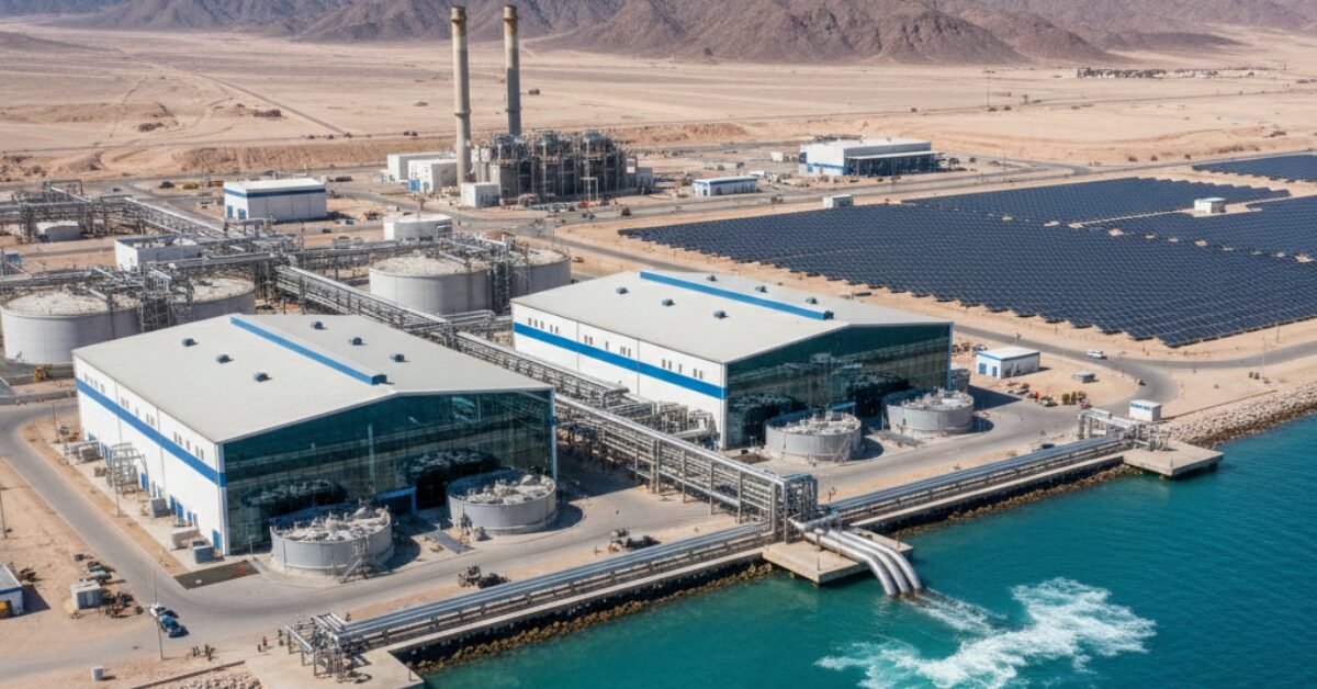 تفاصيل أنابيب تصريف المياه العملاقة في محطة تحلية مياه البحر وهي تضخ المياه إلى الساحل، مع لقطة لمنشآت التكرير والخزانات الجانبية.