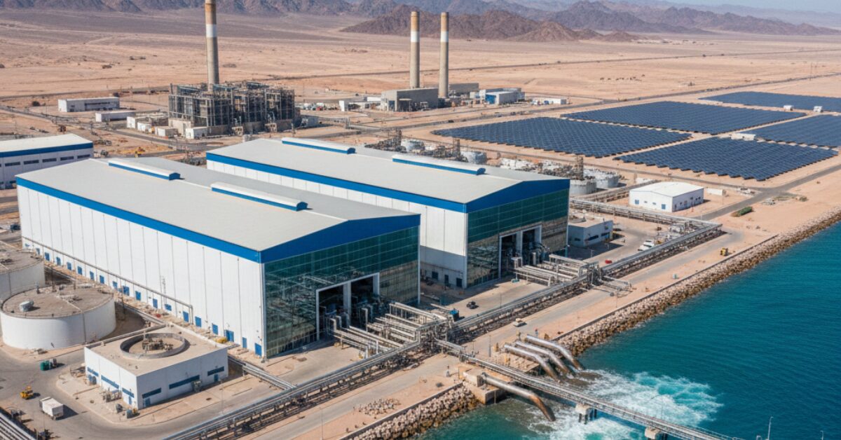 مباني المعالجة الرئيسية في محطة تحلية مياه البحر مع ظهور أنابيب السحب والضخ الضخمة الممتدة مباشرة إلى مياه البحر الزرقاء.