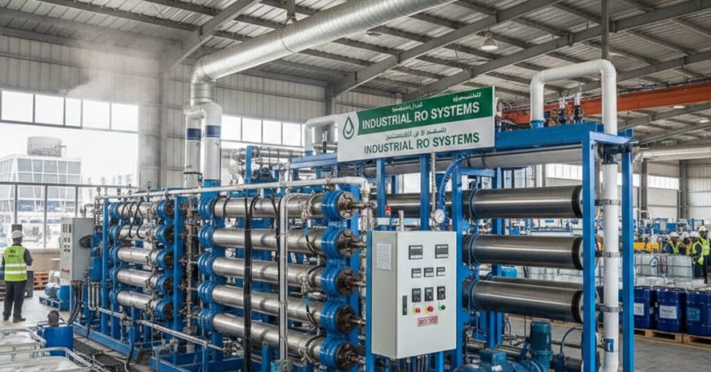 محطة تحلية مياه كبيرة من فئة أنظمة RO صناعي مثبتة على هيكل معدني أزرق، تظهر فيها أوعية الضغط الأفقية ولوحة التشغيل بوضوح داخل المصنع.