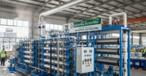 محطة تحلية مياه كبيرة من فئة أنظمة RO صناعي مثبتة على هيكل معدني أزرق، تظهر فيها أوعية الضغط الأفقية ولوحة التشغيل بوضوح داخل المصنع.
