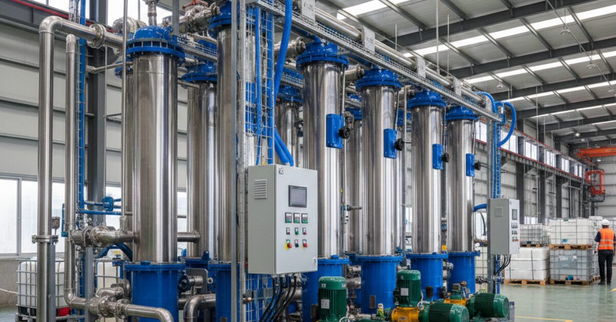 وحدة معالجة مياه متطورة ضمن أنظمة RO صناعي تعتمد على أغشية التناضح العكسي العمودية مع لوحة تحكم ذكية ومضخات ضغط عالي في منشأة صناعية.