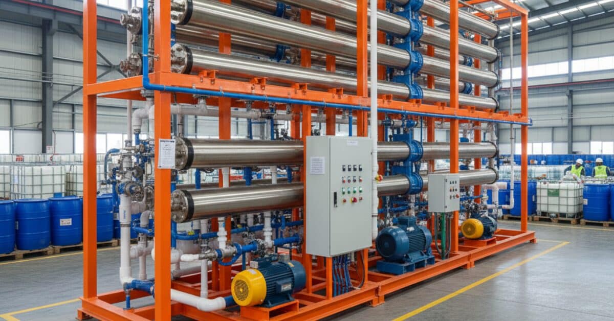 نظام تحلية مياه صناعي ضخم يبرز تعدد مراحل الفلترة في أنظمة RO صناعي، مثبت على قاعدة برتقالية مع أنابيب ستانلس ستيل ومعدات ضغط متطورة.