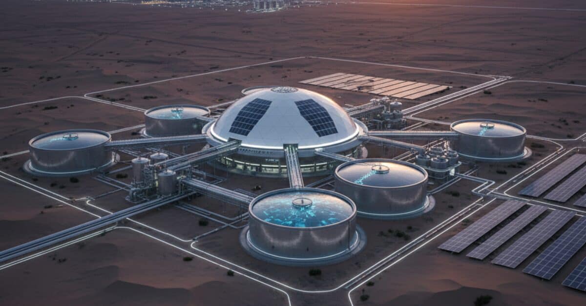 محطة مركزية متطورة في بيئة صحراوية تعتمد على أنظمة معالجة المياه والتحلية المدعومة بالألواح الشمسية والطاقة النظيفة.