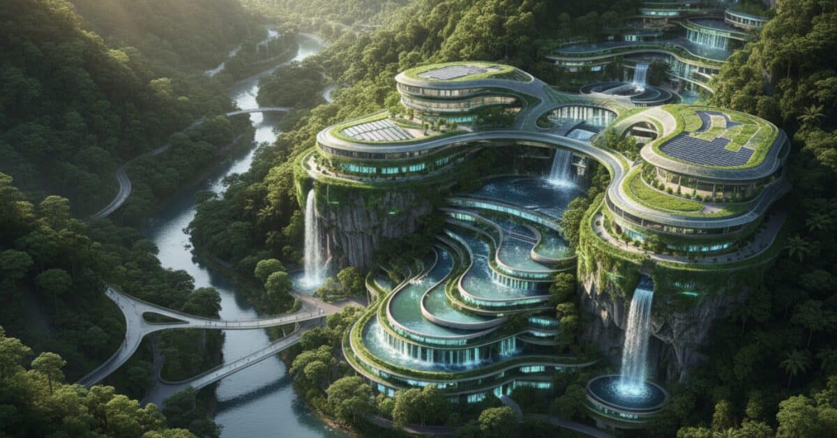 تصميم معماري مستقبلي صديق للبيئة مدمج في الطبيعة يوضح أنظمة معالجة المياه الحيوية من خلال شلالات ومسارات مائية وسط الغابات.