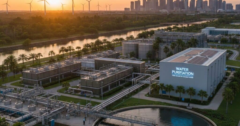 منشأة صناعية حديثة تستخدم أنظمة معالجة المياه المتطورة مع توربينات رياح لتوليد الطاقة المستدامة عند الغروب.