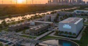 منشأة صناعية حديثة تستخدم أنظمة معالجة المياه المتطورة مع توربينات رياح لتوليد الطاقة المستدامة عند الغروب.