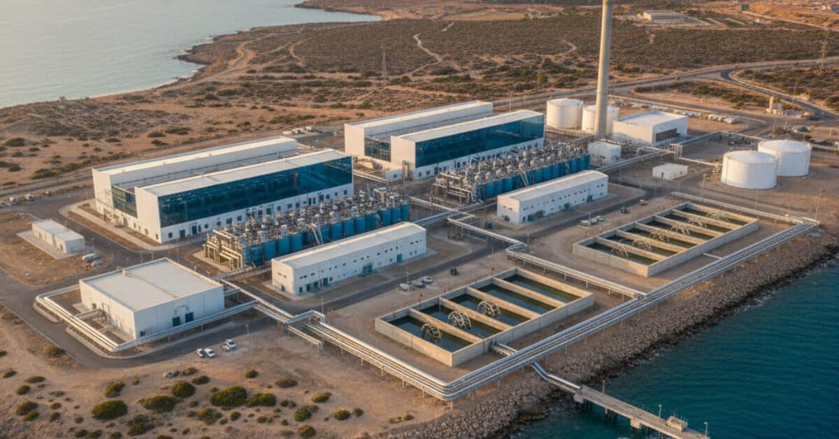 منظر علوي يبرز تفاصيل تصميم محطات تحلية مياه حديثة، موضحاً أحواض الترسيب، وحدات الفلترة، والمباني الإدارية المنظمة التي تضمن كفاءة تدفق المياه من الساحل إلى الشبكة.