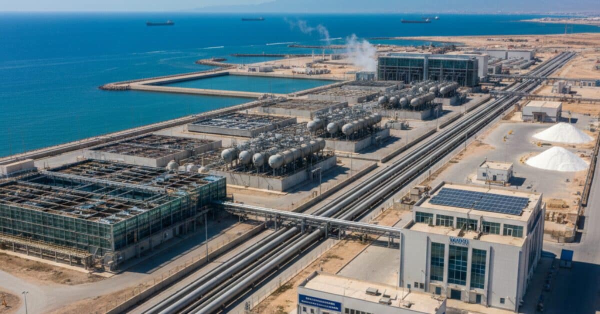 لقطة جوية توضح تصميم محطات تحلية مياه ضخمة على ساحل البحر، تظهر فيها الخزانات الكبيرة، خطوط الأنابيب المعقدة، والمنشآت الصناعية المخصصة لمعالجة المياه المالحة.