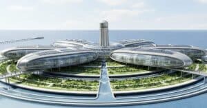 رؤية مستقبلية لنموذج تصميم محطات تحلية مياه ذكي يقع في وسط البحر، يتميز بهيكل دائري حديث مع مساحات خضراء وألواح طاقة شمسية لتعزيز الاستدامة البيئية.