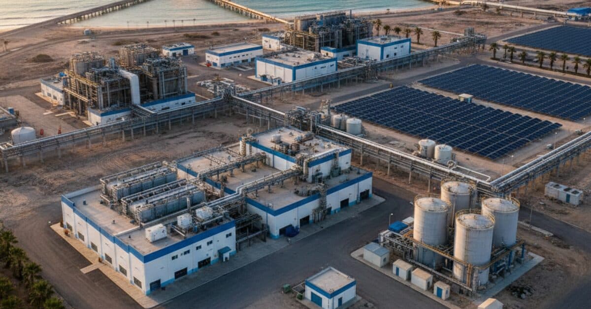 منشأة متطورة تعكس تصميم محطات تحلية مياه مجهزة بمصفوفات كبيرة من الألواح الشمسية لتوليد الطاقة النظيفة، مع وحدات معالجة تقنية وخزانات تخزين استراتيجية.