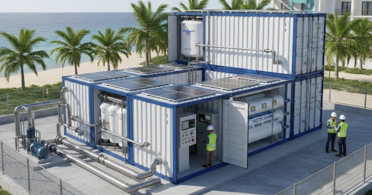 محطة تحلية مياه للفنادق تعمل بنظام التناضح العكسي داخل حاويات شحن، مجهزة بوحدات تحكم رقمية وفلاتر متطورة لضمان نقاء المياه في المنتجعات.