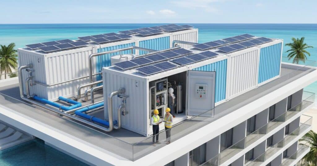 تصميم هندسي يوضح محطة تحلية مياه للفنادق بنظام الحاويات مثبتة على سطح فندق ساحلي، مزودة بألواح طاقة شمسية لتوفير مياه عذبة مستدامة.