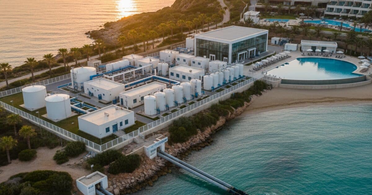 منظر علوي لموقع محطة تحلية مياه للفنادق كبيرة الحجم مقامة على شاطئ البحر، تضم خزانات ومباني معالجة مخصصة لخدمة المنتجعات السياحية الضخمة.