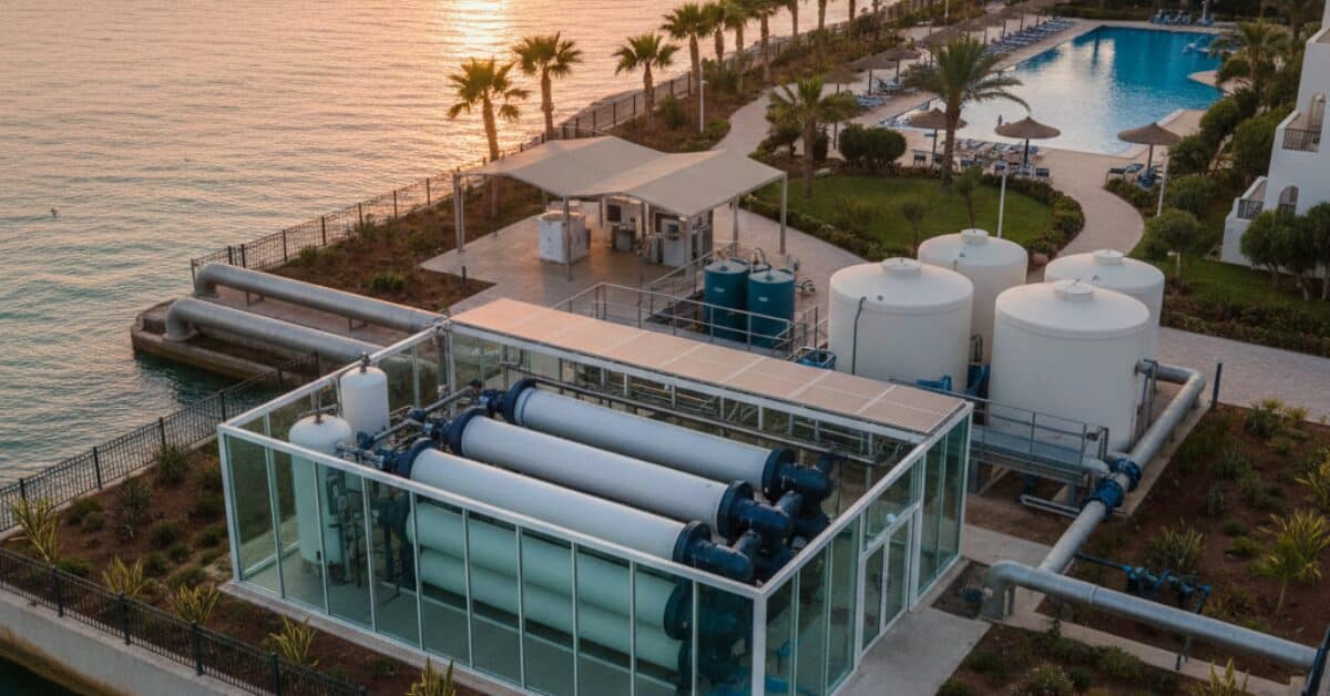 لقطة قريبة لمعدات محطة تحلية مياه للفنادق تشمل أغشية التناضح العكسي وخزانات التخزين بجوار مسبح الفندق، تظهر كفاءة استغلال المساحات الساحلية.