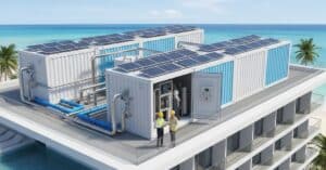 تصميم هندسي يوضح محطة تحلية مياه للفنادق بنظام الحاويات مثبتة على سطح فندق ساحلي، مزودة بألواح طاقة شمسية لتوفير مياه عذبة مستدامة.