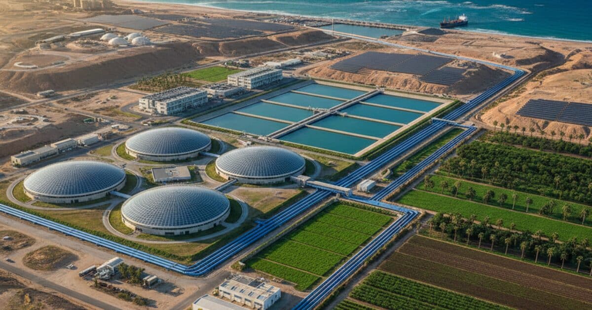 منظر جوي شامل لـ محطة تحلية مياه للمزارع تعمل بالطاقة النظيفة، تظهر فيها القباب التكنولوجية المتطورة ومزارع شاسعة مستفيدة من المياه المُحلاة على الساحل مباشرة.