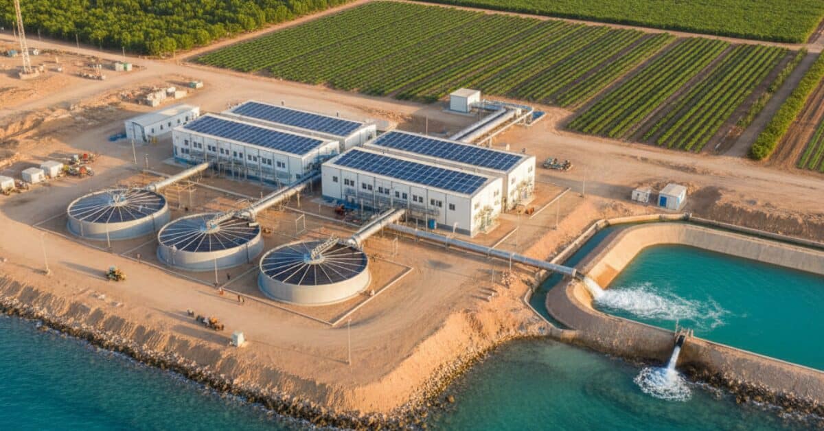 تصميم هندسي لـ محطة تحلية مياه للمزارع على شاطئ البحر، يوضح عملية سحب المياه ومعالجتها وتوزيعها عبر أنابيب ضخمة باتجاه الأراضي الزراعية المنتظمة، مع التركيز على استخدام الطاقة المتجددة.