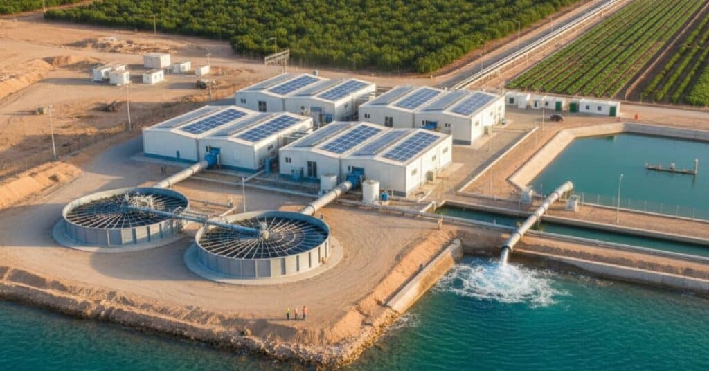 تصميم هندسي لـ محطة تحلية مياه للمزارع على شاطئ البحر، يوضح عملية سحب المياه ومعالجتها وتوزيعها عبر أنابيب ضخمة باتجاه الأراضي الزراعية المنتظمة، مع التركيز على استخدام الطاقة المتجددة.