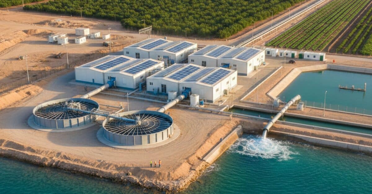 تصميم هندسي لـ محطة تحلية مياه للمزارع على شاطئ البحر، يوضح عملية سحب المياه ومعالجتها وتوزيعها عبر أنابيب ضخمة باتجاه الأراضي الزراعية المنتظمة، مع التركيز على استخدام الطاقة المتجددة.