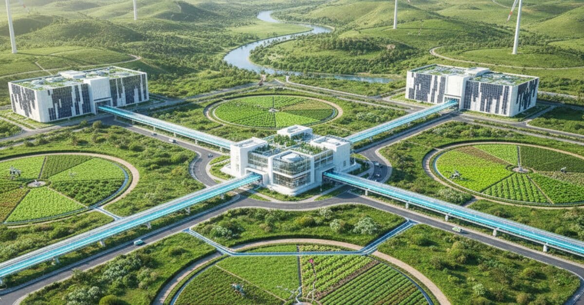 تصميم مستقبلي لـ محطة تحلية مياه للمزارع تتوسط مساحات خضراء دائرية شاسعة، حيث تظهر مبانٍ حديثة مرتبطة ببعضها عبر جسور زجاجية لنقل المياه، مع وجود توربينات رياح ونهر طبيعي في الخلفية يعزز مفهوم الزراعة المستدامة.