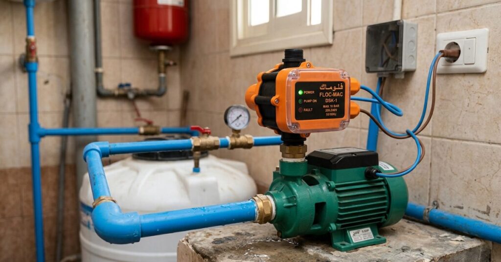 جهاز فلوماك مركب على مضخة مياه لتفادي أعطال الفلوماك الناتجة عن التشغيل الجاف.