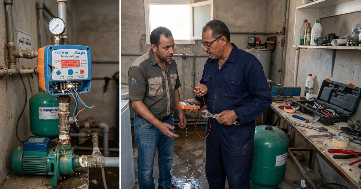 معاينة ميدانية لتوصيلات الجهاز وتشخيص أعطال الفلوماك في ضغط المياه.