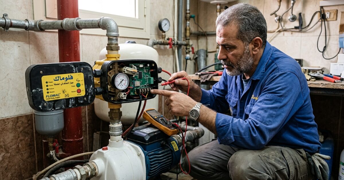 فني يفحص الدائرة الكهربائية لإصلاح أعطال الفلوماك وتوقف المضخة.