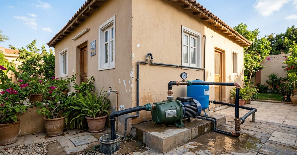 دينمو مياه أخضر مع خزان ضغط أزرق يمثل أفضل مضخة مياه للمنزل لسحب المياه من الخزانات الأرضية.