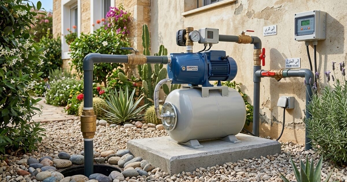 نظام أوتوماتيكي متكامل يوضح أفضل مضخة مياه للمنزل مثبت فوق قاعدة خرسانية في فناء خارجي.