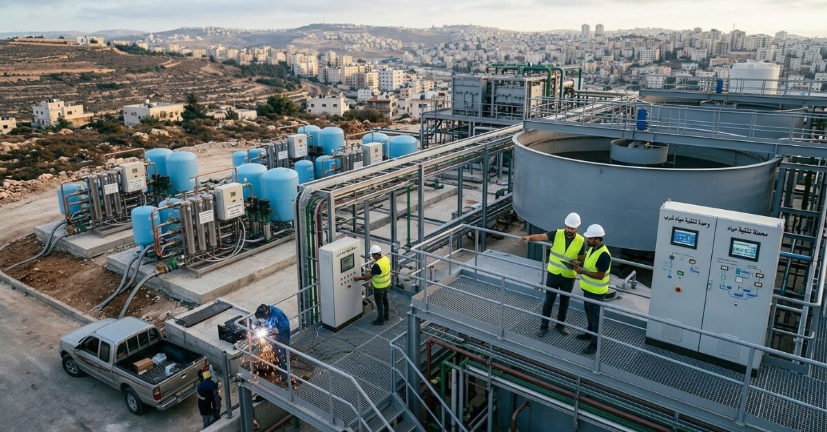 قطة علوية لمحطة تنقية مياه حديثة وسط منطقة سكنية، توضح وحدات الفلترة والمعالجة المستخدمة في مكافحة تلوث خزانات المياه وتوفير مياه شرب نظيفة.