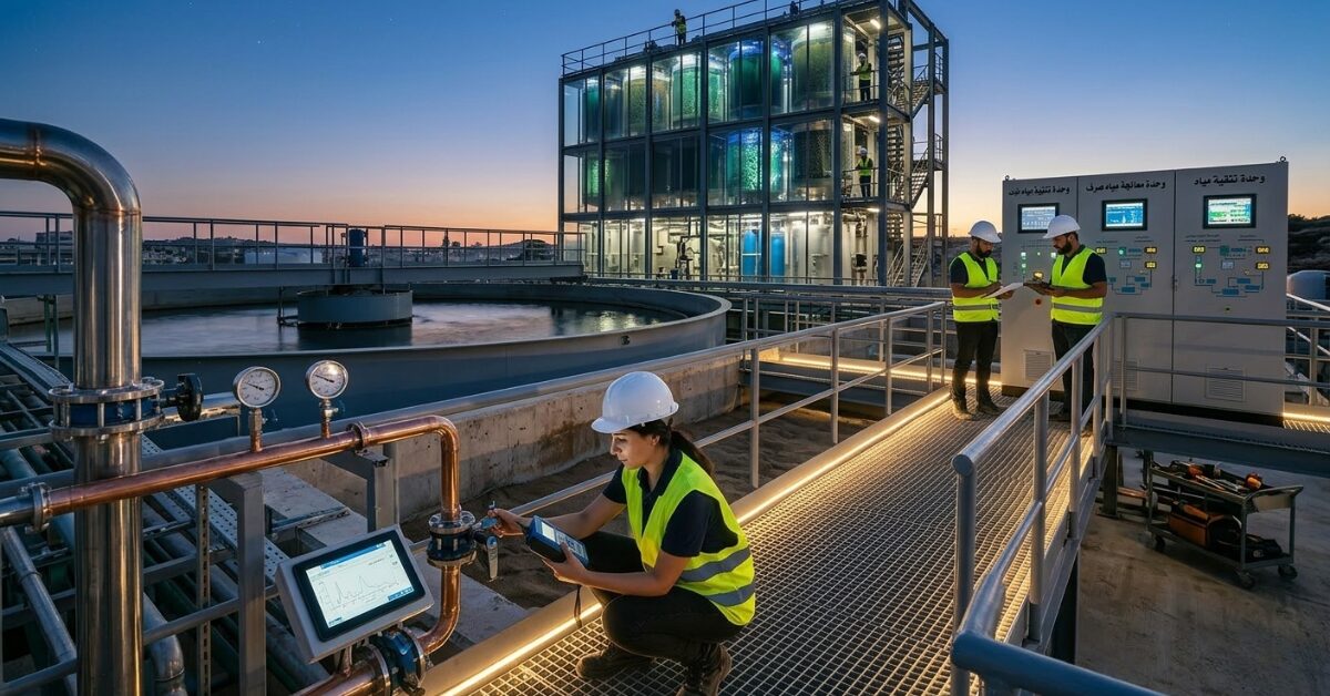 مهندسون يعملون في محطة معالجة متطورة ليلاً، ويستخدمون أجهزة قياس دقيقة لمراقبة جودة المياه وحمايتها من مخاطر تلوث خزانات المياه والترسبات.