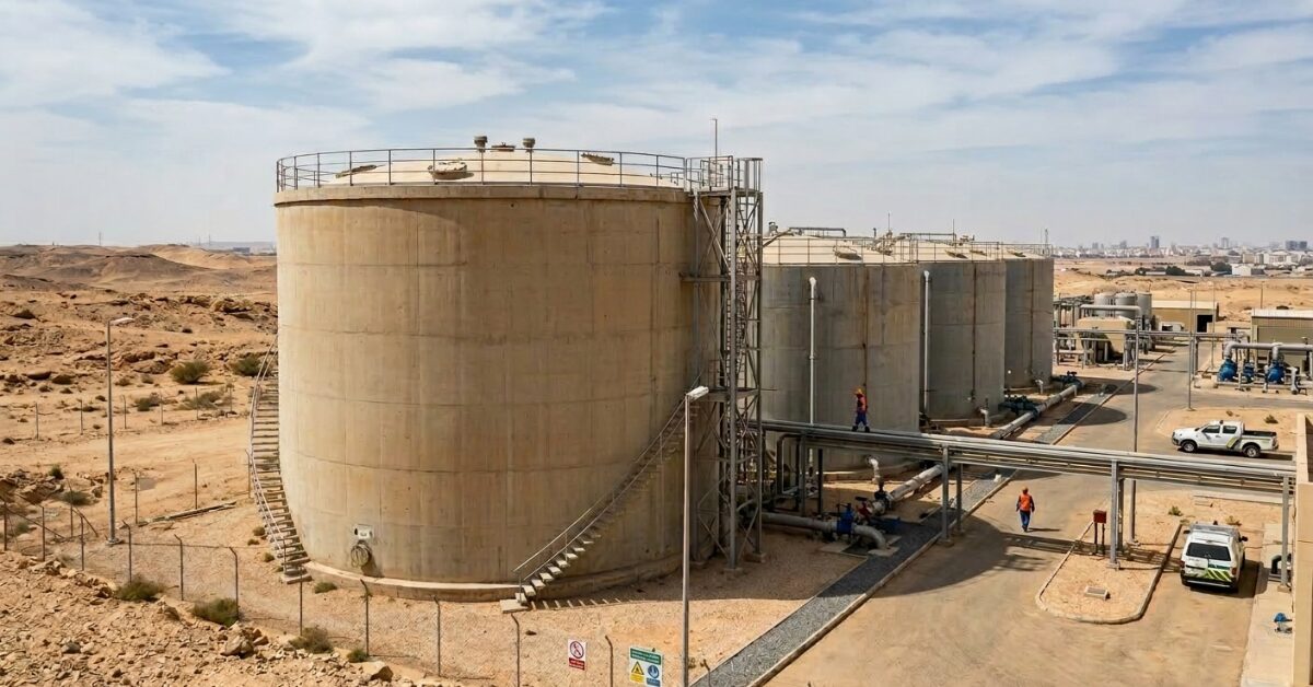 مجموعة من خزانات المياه الخرسانية العملاقة في منطقة صحراوية، تخضع لعمليات صيانة دورية وفحص شامل لمنع تلوث خزانات المياه وضمان سلامة الإمدادات.