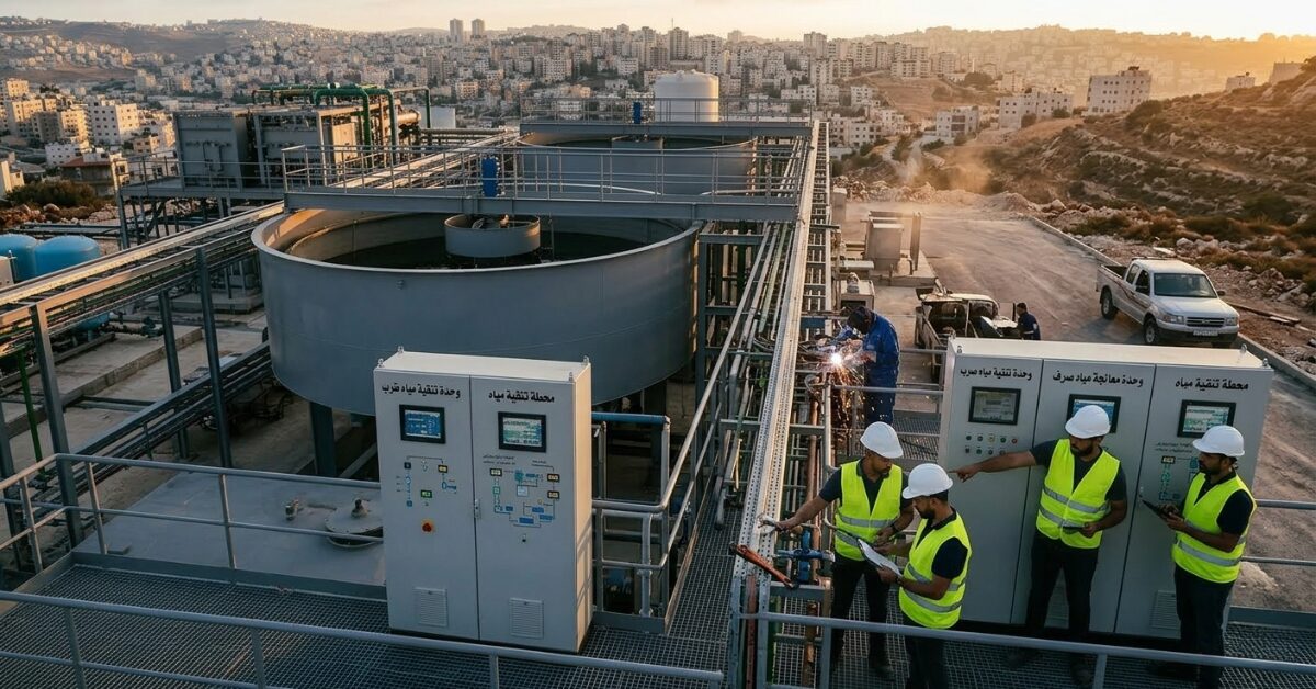 فريق فني يقوم بأعمال لحام وصيانة لمنظومة توزيع المياه، مع مراقبة لوحات التحكم الرقمية لضمان عدم حدوث أي تلوث خزانات المياه ناتج عن التآكل أو الأعطال التقنية.