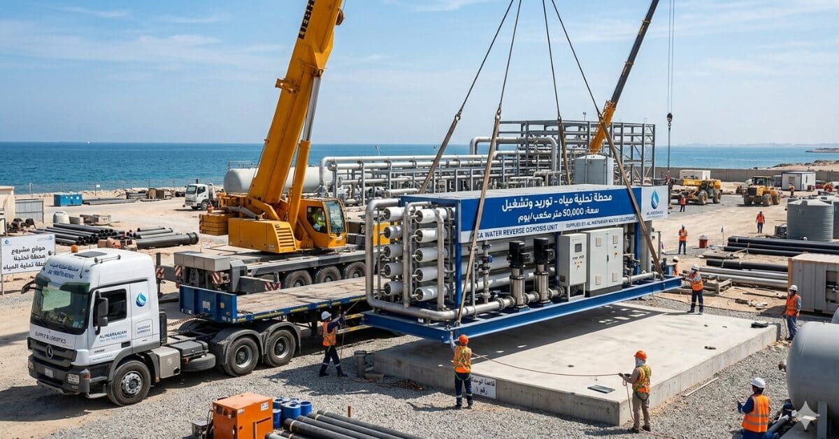 رافعة هيدروليكية تقوم بتركيب وحدة معالجة بسعة $50,000$ متر مكعب ضمن مشروع توريد محطات تحلية مياه، مع ظهور العمال الفنيين وشاحنة النقل الخاصة بشركة الحلول المائية.